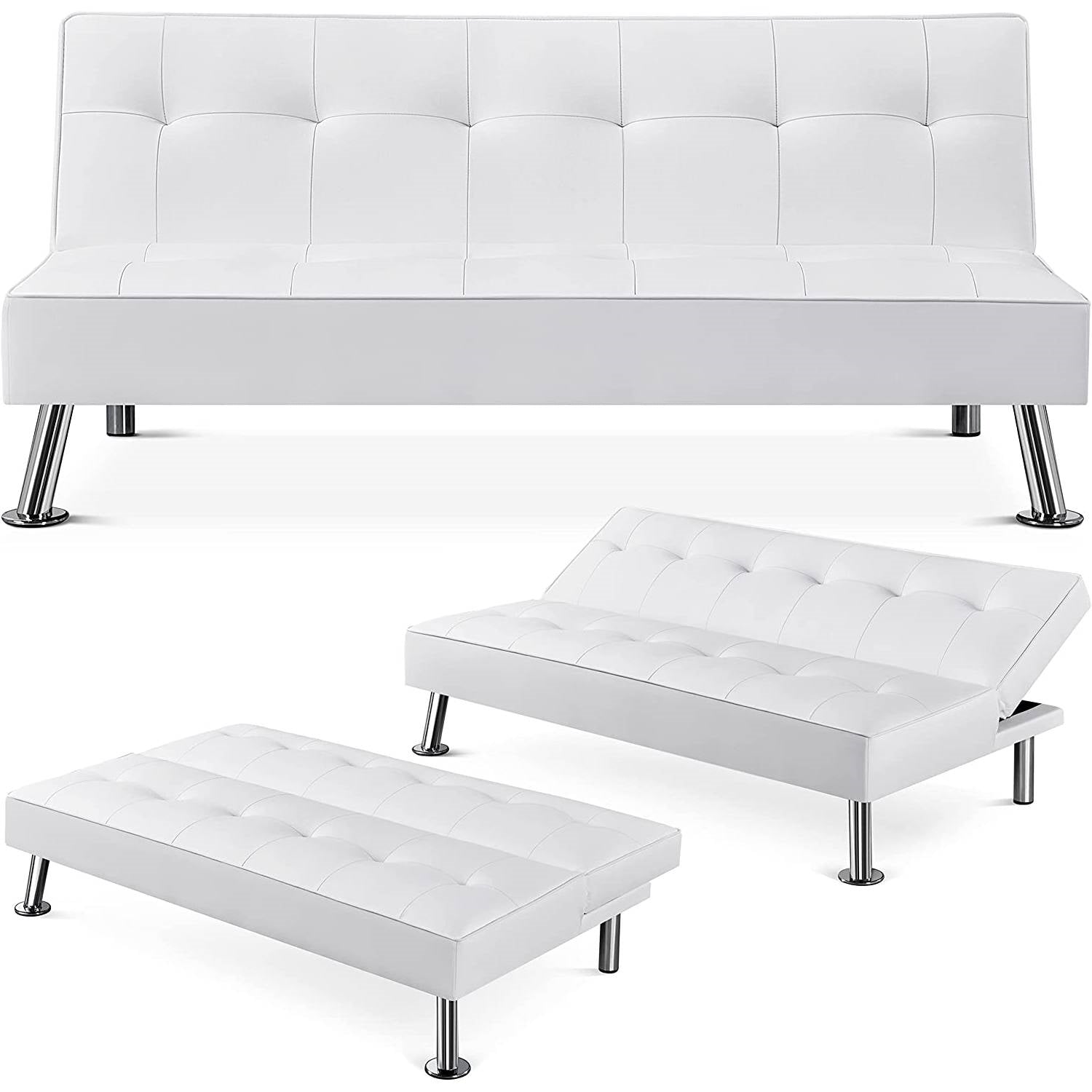 White Faux Leather Click Clack Adjustable Futon Sleeper Sofa