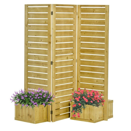 3 Panel Fir Wood Outdoor Privacy Screen with 4 Garden Bed Planters