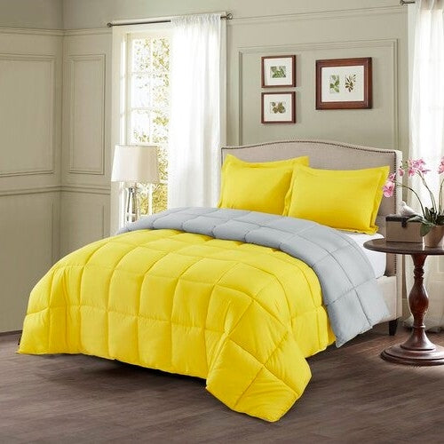 King/Cal King Traditional Microfiber Reversible 3 Piece Comforter Set in Yellow/Light Gray