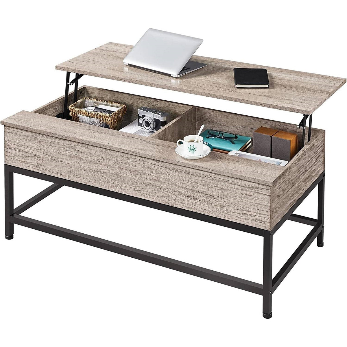 Modern Metal Wood Lift-Top Coffee Table Sofa Laptop Desk in Grey Wood Finish