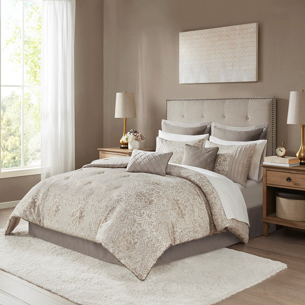 Madison Park Emilia 12 Piece Jacquard Complete Bed Set - Khaki - Cal King Size