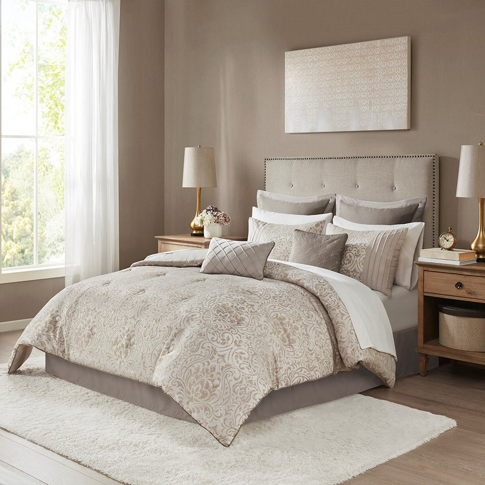 Madison Park Emilia 12 Piece Jacquard Complete Bed Set - Khaki - Queen Size