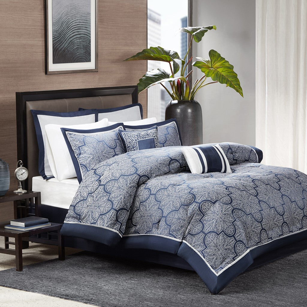 Madison Park Medina 8 Piece Jacquard Comforter Set - Navy - Queen Size