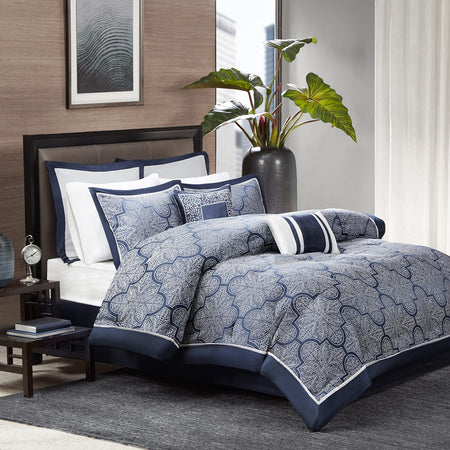 Madison Park Medina 8 Piece Jacquard Comforter Set - Navy - King Size