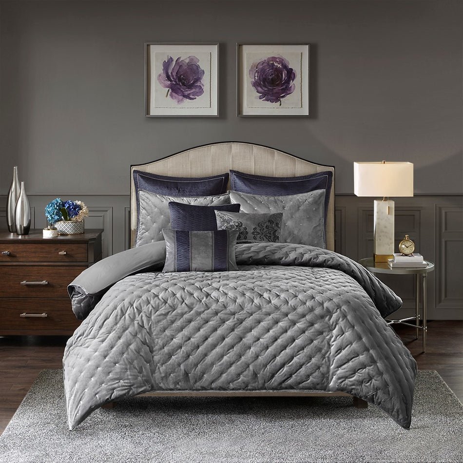 Sophisticate Velvet 8 Piece Comforter Set - Grey - Queen Size
