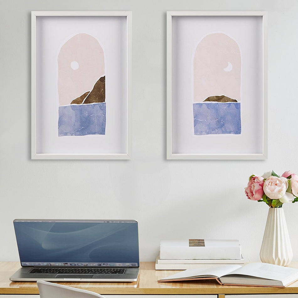 Intelligent Design Island Views Window Scene Printed Framed Graphic Drop Lip 2 Piece Set - Pink / Blue 