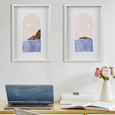 Intelligent Design Island Views Window Scene Printed Framed Graphic Drop Lip 2 Piece Set - Pink / Blue 