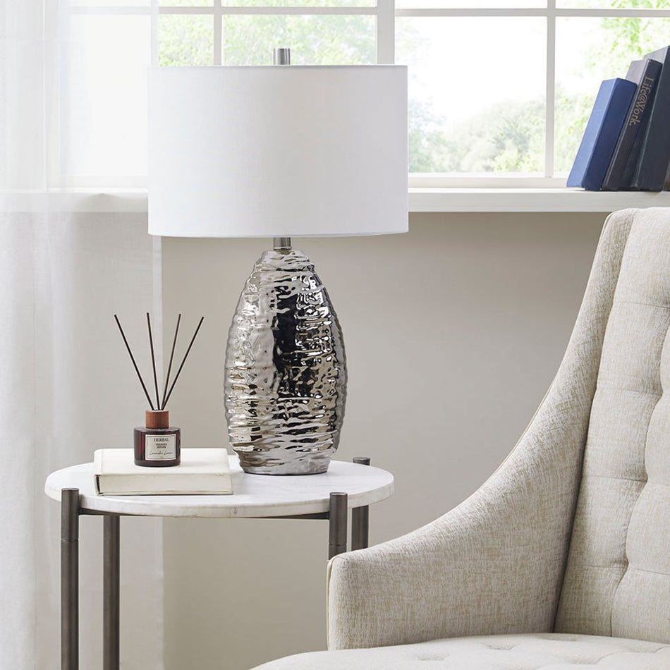 Hampton Hill Livy Oval Textured Ceramic Table Lamp - Silver Base / White Shade 