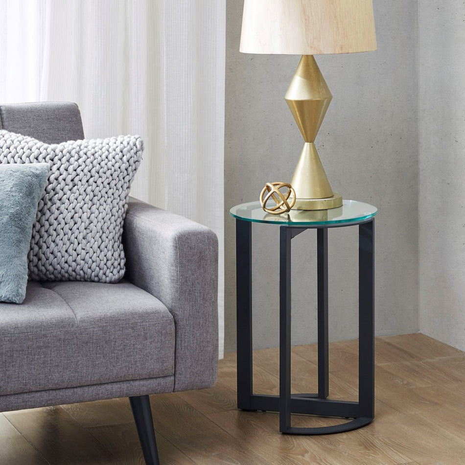 INK+IVY Evan Round Glass Accent End Table - Black 