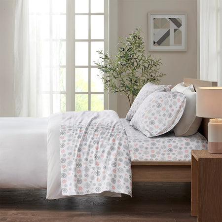 True North by Sleep Philosophy Cozy Cotton Flannel Printed Sheet Set - Pink / Grey Snowflakes  - Full Size Shop Online & Save - ExpressHomeDirect.com