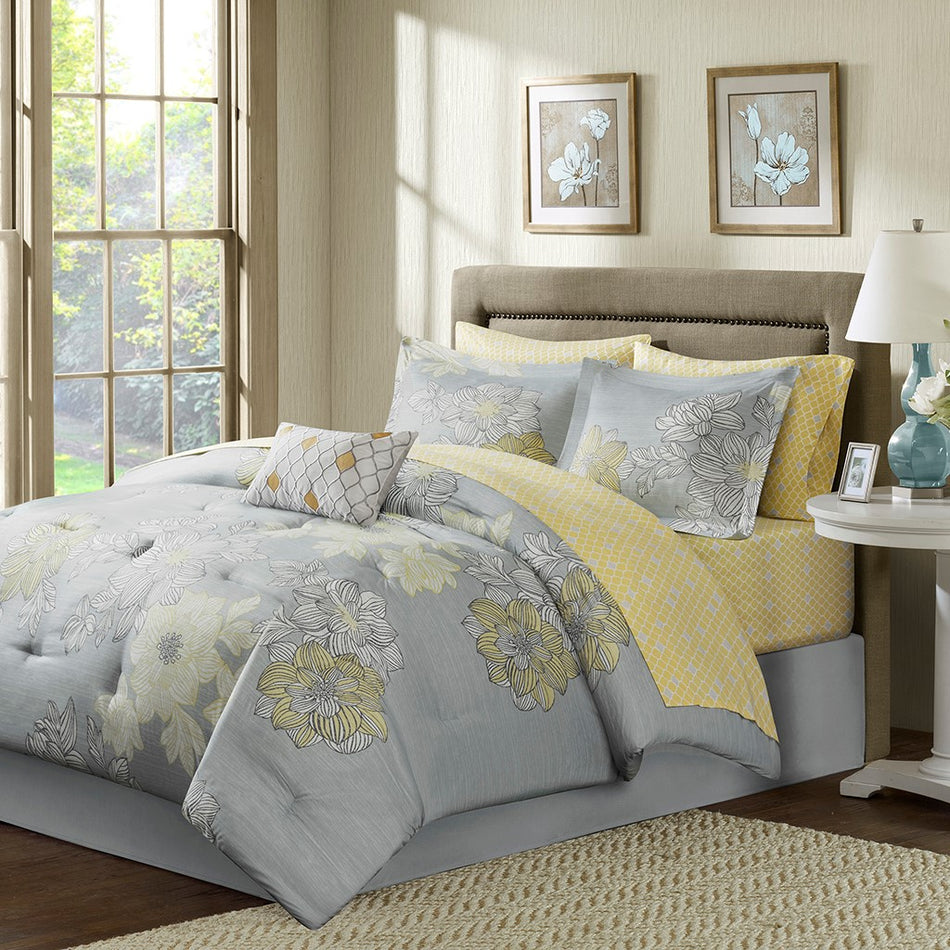Madison Park Essentials Avalon 9 Piece Comforter Set with Cotton Bed Sheets - Grey - Queen Size