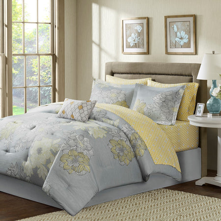 Madison Park Essentials Avalon 7 Piece Comforter Set with Cotton Bed Sheets - Grey - Twin Size