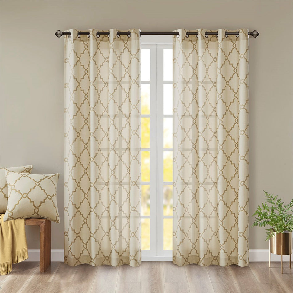 Madison Park Saratoga Fretwork Print Grommet Top Window Curtain - Beige / Gold - 50x95"