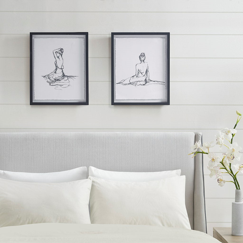 Madison Park Feminine Figures Deckle Edge Sketch 2 Piece Framed Wall Art Set - Black / White 