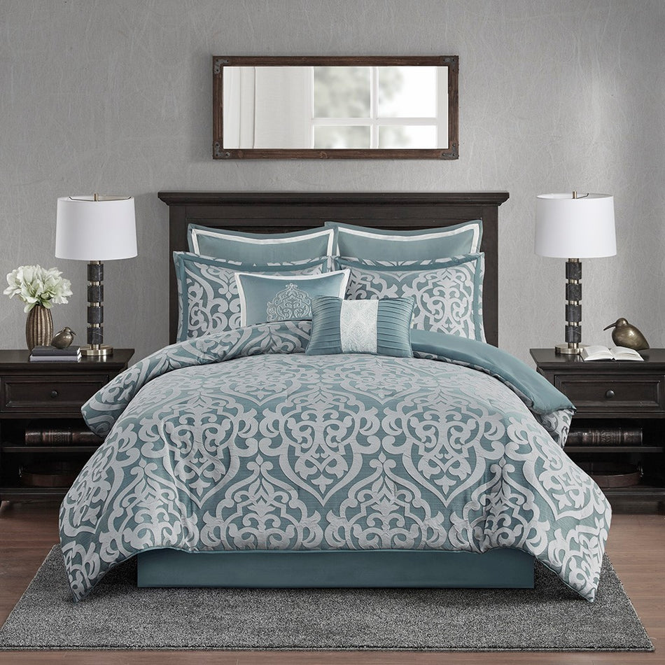 Odette 8 Piece Jacquard Comforter Set - Aqua - King Size