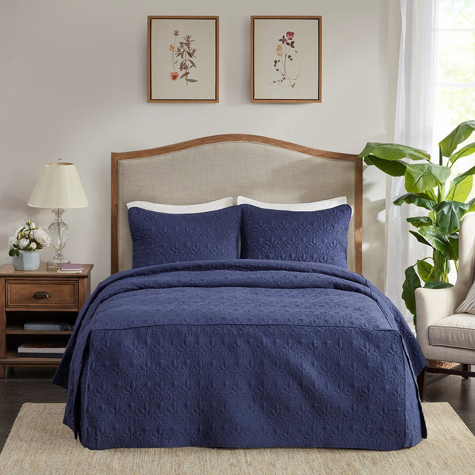 Quebec 3 Piece Fitted Bedspread Set - Navy - Queen Size