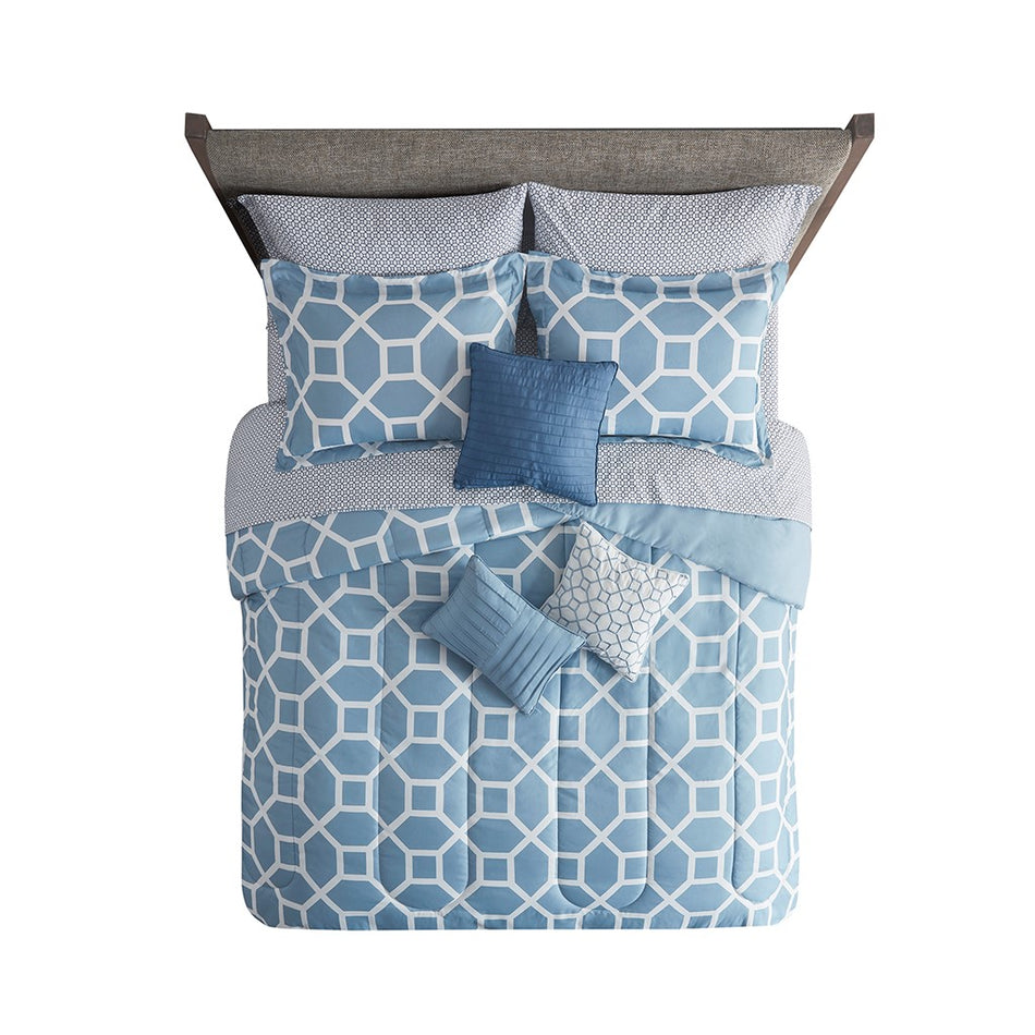 Nora 10 Piece Geometric Comforter Set with Bed Sheets - Blue - Queen Size