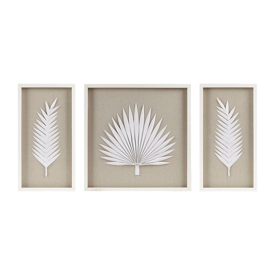 Sabal Palm Rice Paper Framed Shadow Box 3 Piece Set - Off White