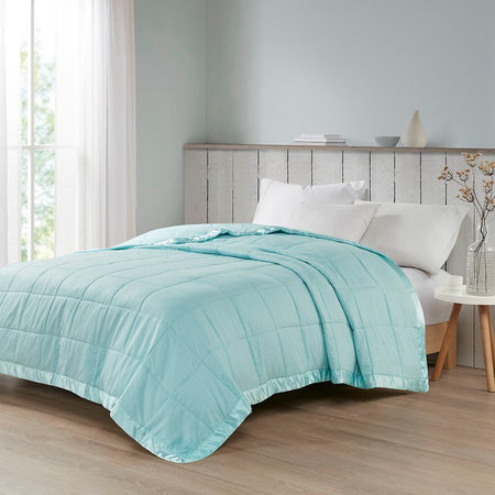 Madison Park Cambria Oversized Down Alternative Blanket with Satin Trim - Aqua - Full Size / Queen Size