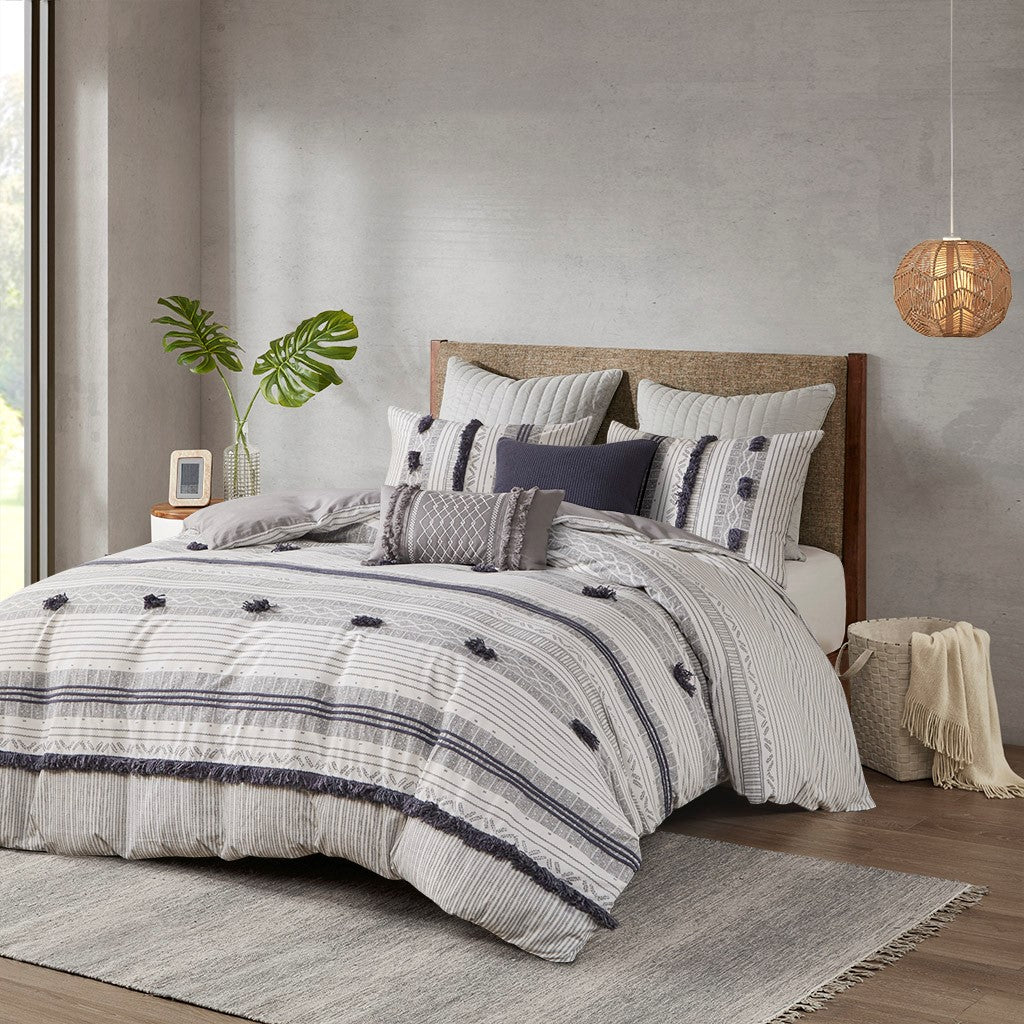 INK+IVY Cody 3 Piece Cotton Duvet Cover Set - Gray / Navy - Full Size / Queen Size