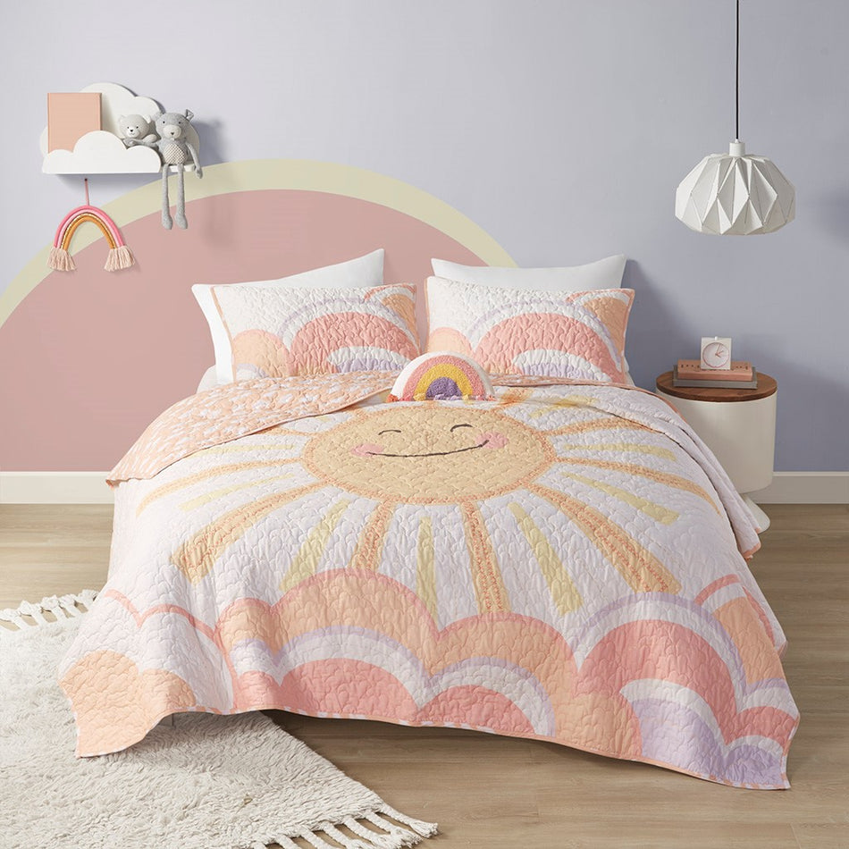 Dawn Reversible Sunshine Printed Cotton Quilt Set with Throw Pillow - Yellow / Coral - Full Size / Queen Size
