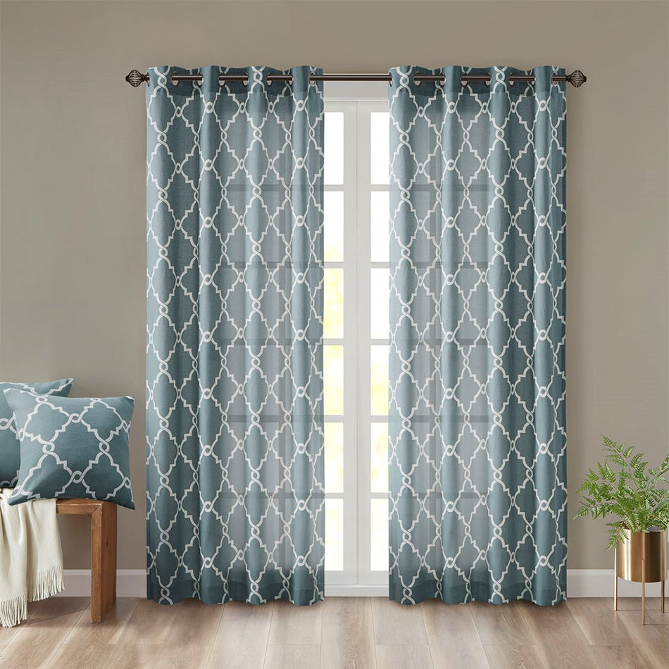 Madison Park Saratoga Fretwork Print Grommet Top Window Curtain - Blue - 50x84"