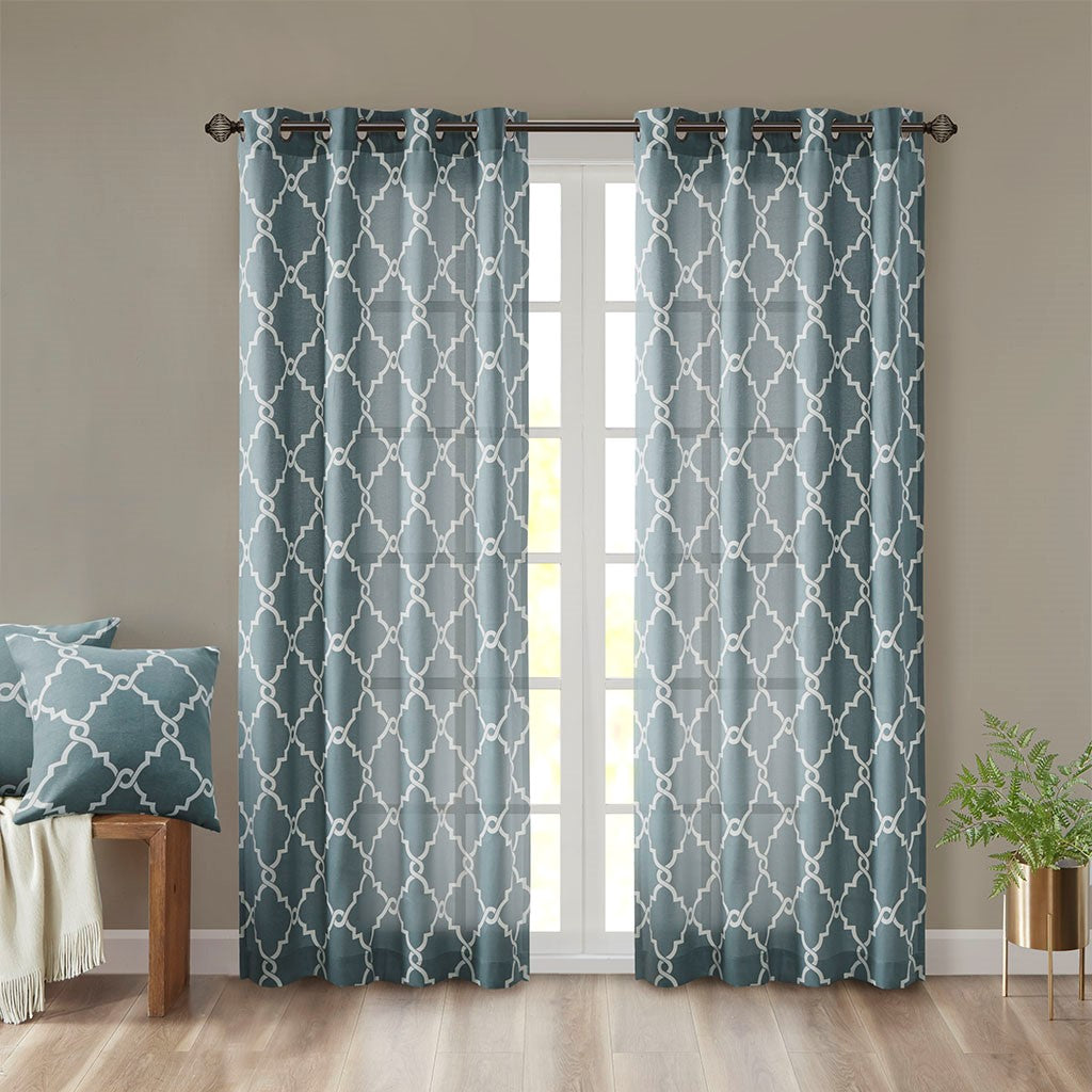 Madison Park Saratoga Fretwork Print Grommet Top Window Curtain - Blue - 50x63"