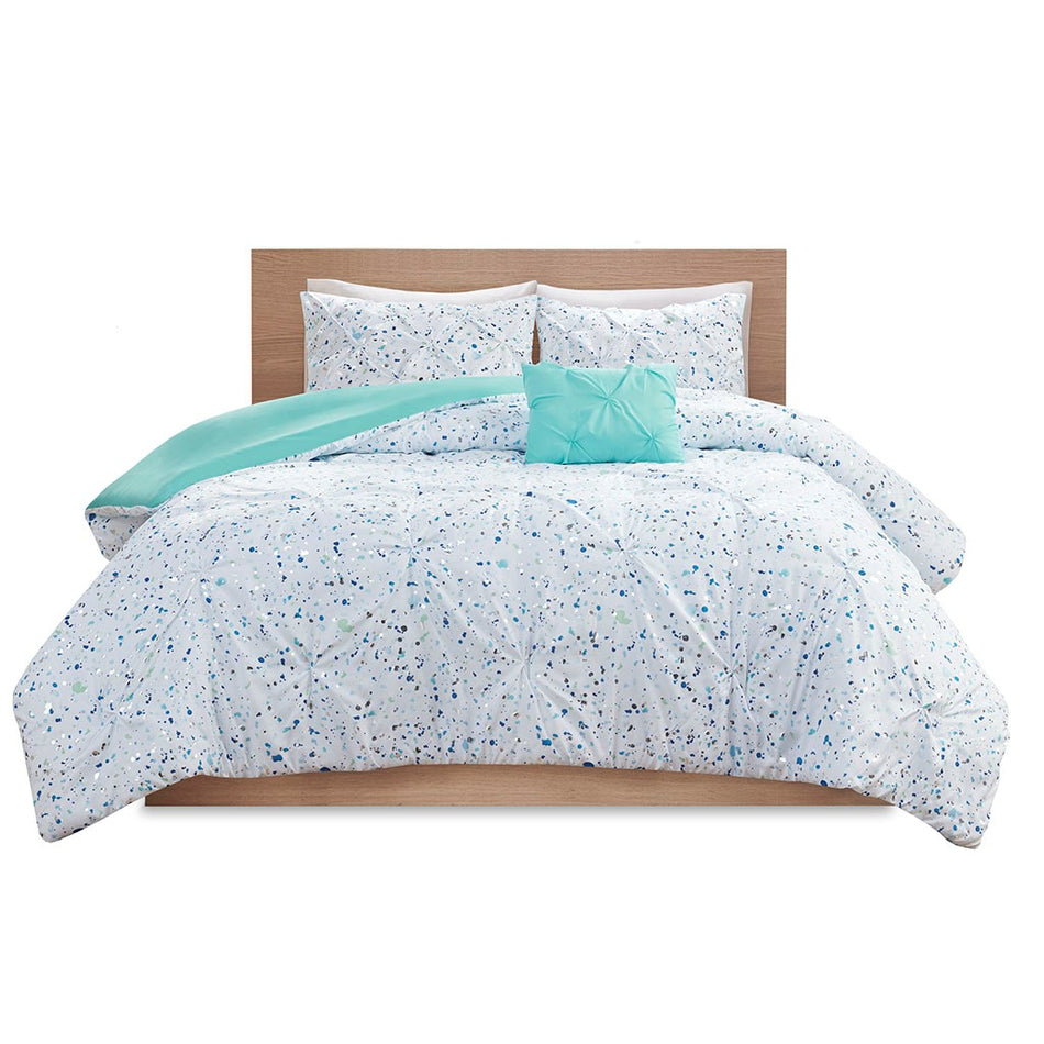 Abby Metallic Printed and Pintucked Duvet Cover Set - Aqua blue - Twin Size / Twin XL Size
