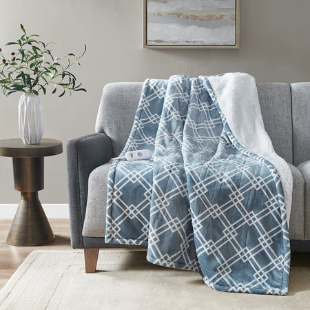 Serta Printed Plush Heated Throw - Blue - 50x60"