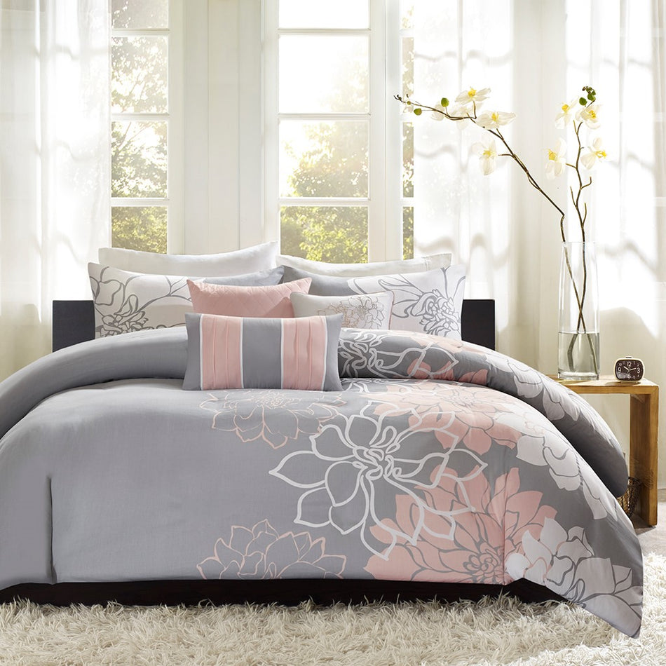 Lola 6 Piece Printed Duvet Cover Set - Grey / Blush - King Size / Cal King Size