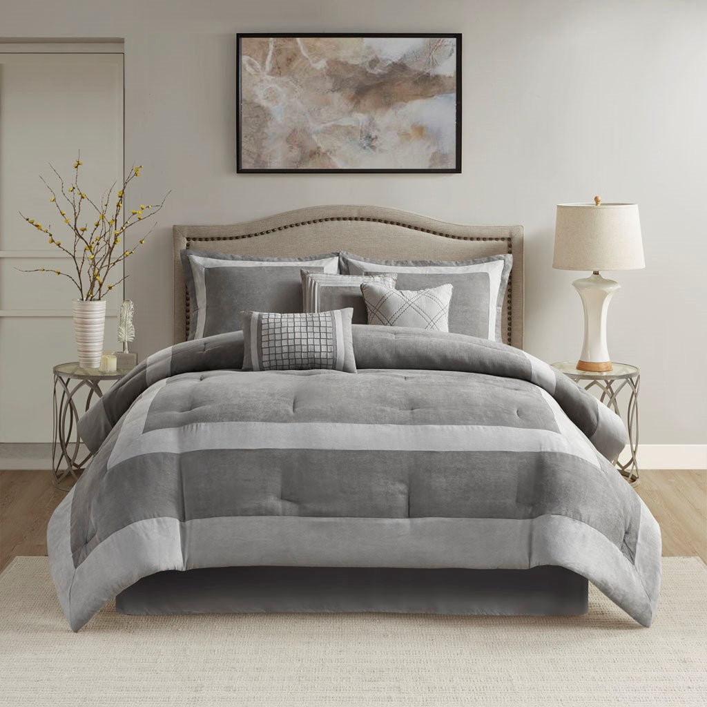 Madison Park Dax 7 Piece Microsuede Comforter Set - Gray - Cal King Size