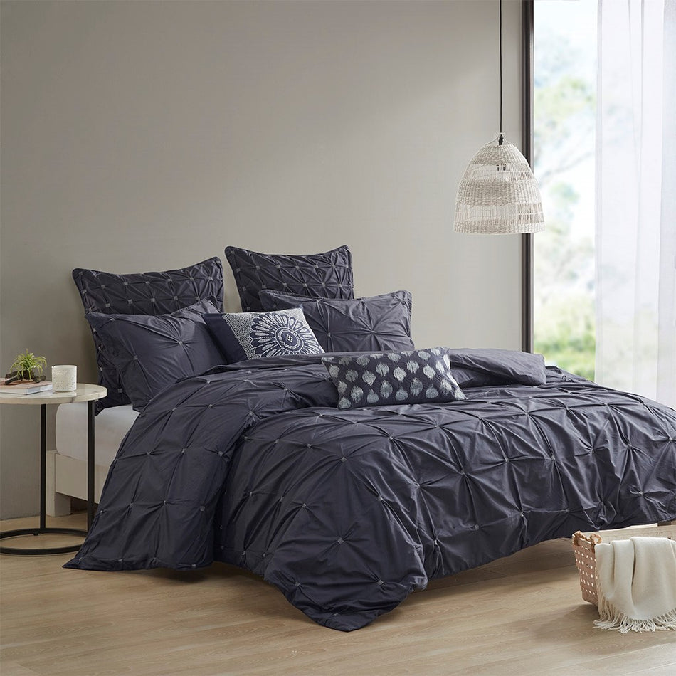 INK+IVY Masie 3 Piece Elastic Embroidered Cotton Duvet Cover Set - Navy - King Size / Cal King Size
