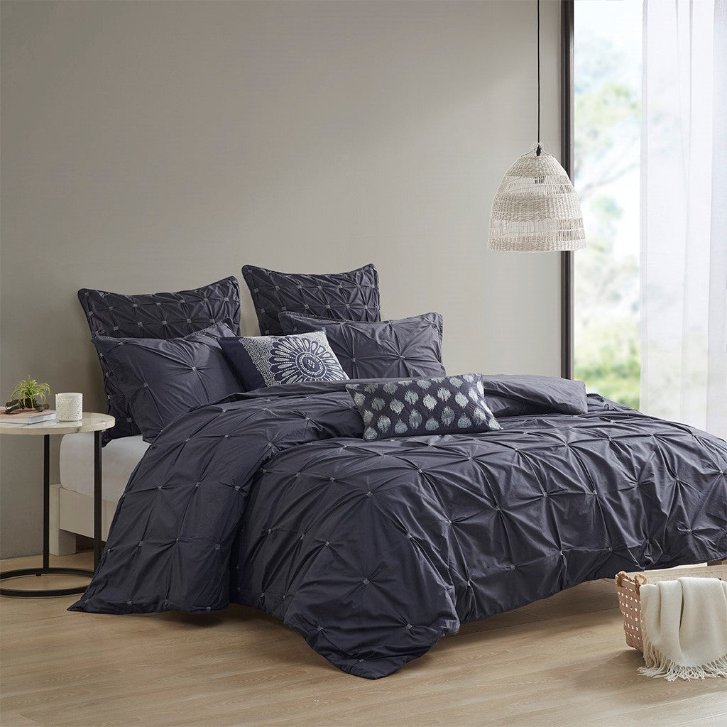 INK+IVY Masie 3 Piece Elastic Embroidered Cotton Comforter Set - Navy - King Size / Cal King Size