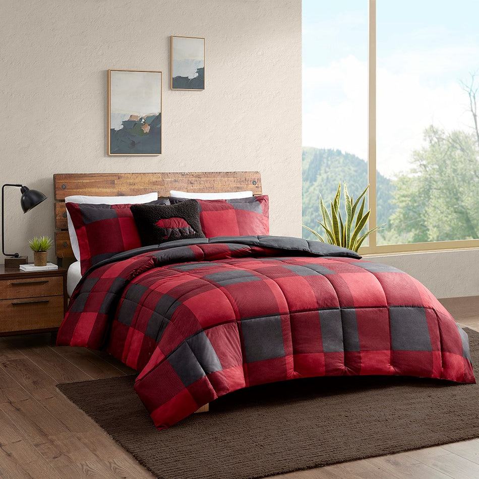 Woolrich Hudson Valley Down Alternative Comforter Set - Red / Black Buffalo Check - Twin Size