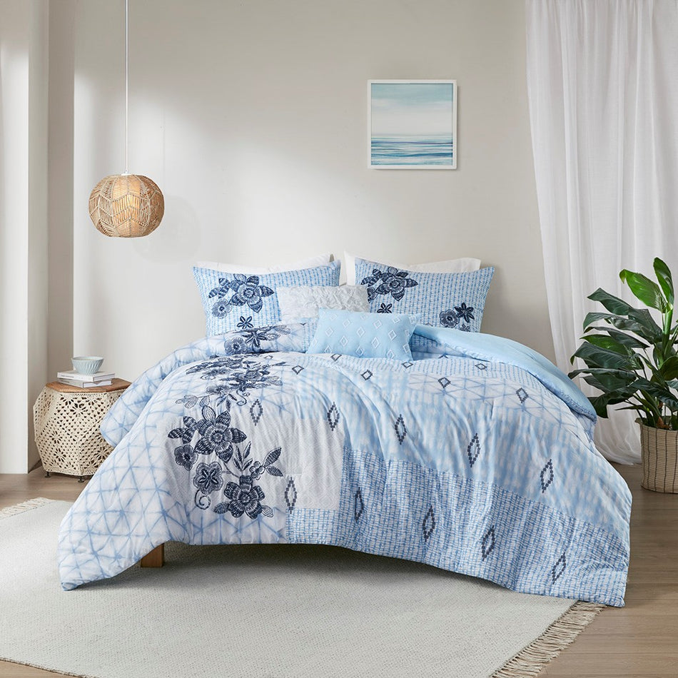 Madison Park Sadie 5 Piece Cotton Comforter Set - Blue - Full Size / Queen Size