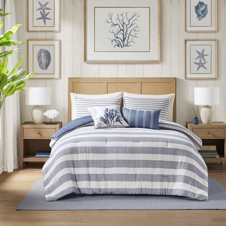 Brooks 5 Piece Oversized Cotton Stripe Comforter Set - White / Blue - Full Size / Queen Size