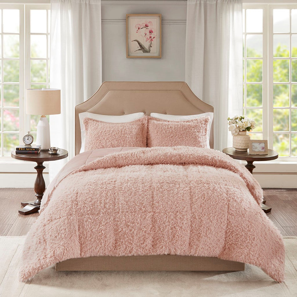 Nova Blush Faux Mohair Reverse Faux Mink Comforter Set - Blush - Full Size / Queen Size