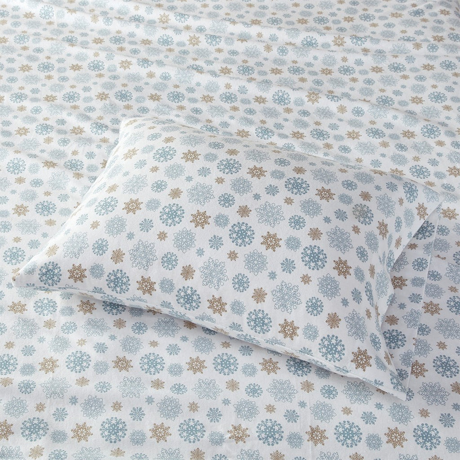 Cozy Cotton Flannel Printed Sheet Set - Tan / Blue Snowflakes - Twin Size