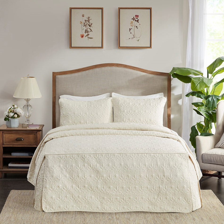 Quebec 3 Piece Fitted Bedspread Set - Cream - Queen Size