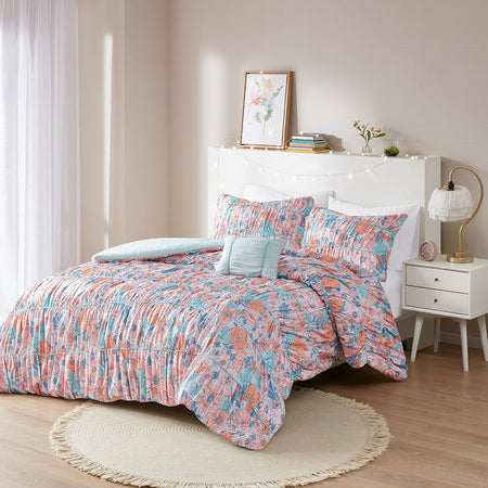 Intelligent Design Mae Floral Printed Ruched Comforter Set - Pink / Blue - Twin Size / Twin XL Size