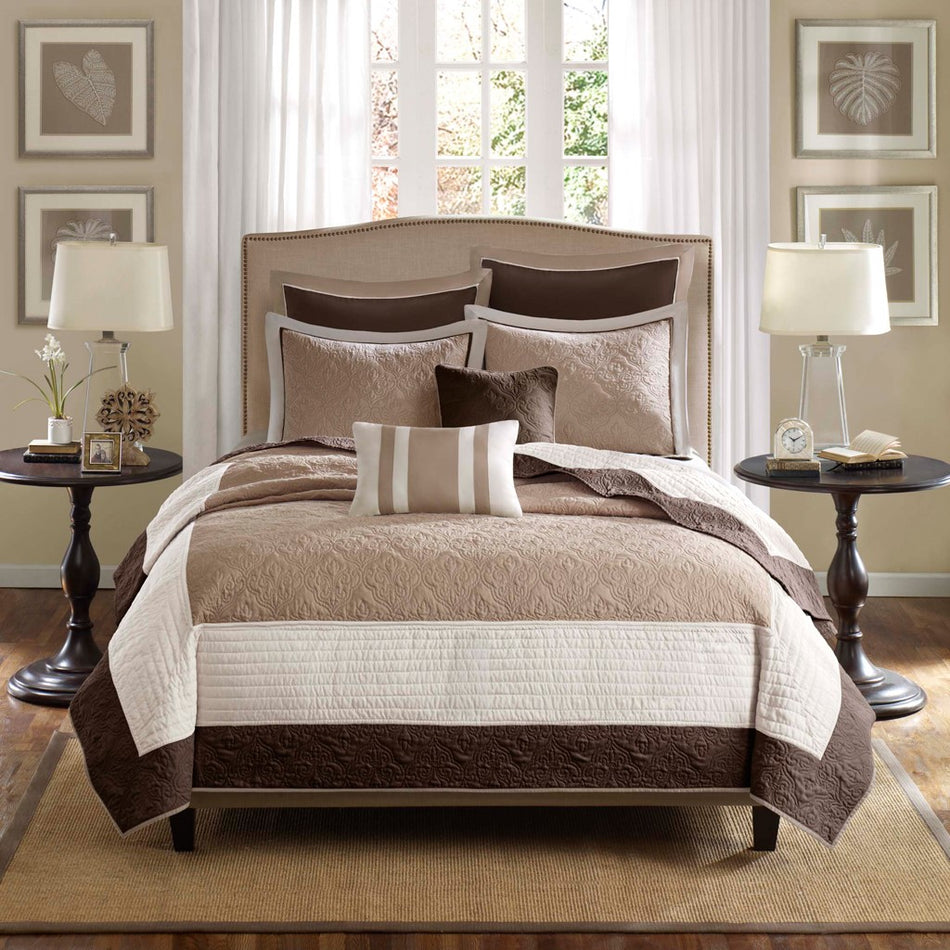 Attingham 7 Piece Quilt Set with Euro Shams and Throw Pillows - Beige - Full Size / Queen Size