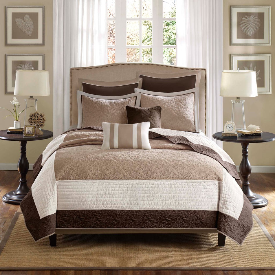 Attingham 7 Piece Quilt Set with Euro Shams and Throw Pillows - Beige - King Size / Cal King Size
