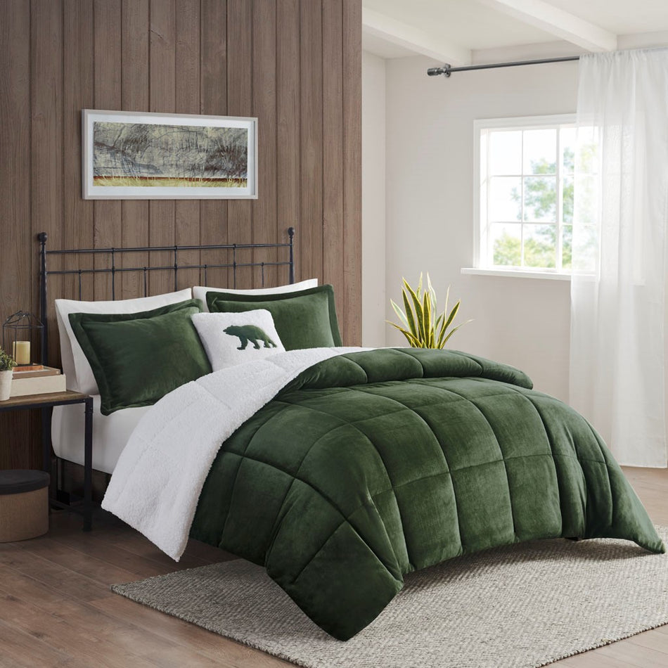 Woolrich Alton Plush to Sherpa Down Alternative Comforter Set - Green / Ivory - Twin Size