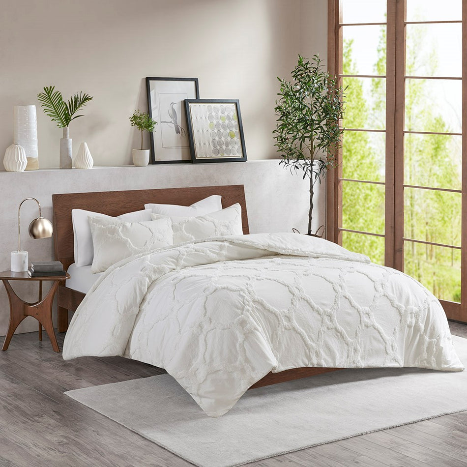 Pacey 3 Piece Tufted Cotton Chenille Geometric Duvet Cover Set - Off White - King Size / Cal King Size