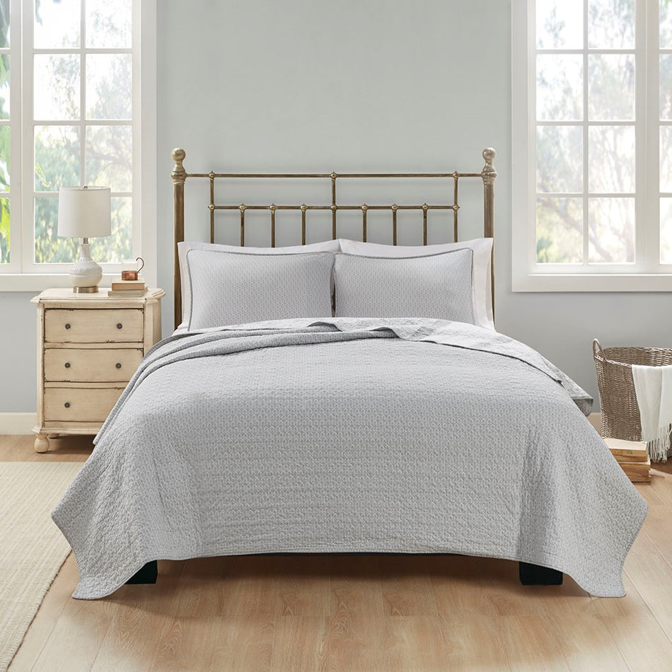 Amber 3 Piece Reversible Cotton Coverlet Set - Cream / Grey - Full Size / Queen Size