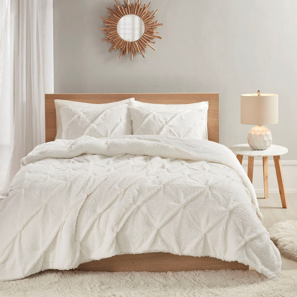 Addison Pintuck Sherpa Down Alternative Comforter Set - Ivory - Full Size / Queen Size