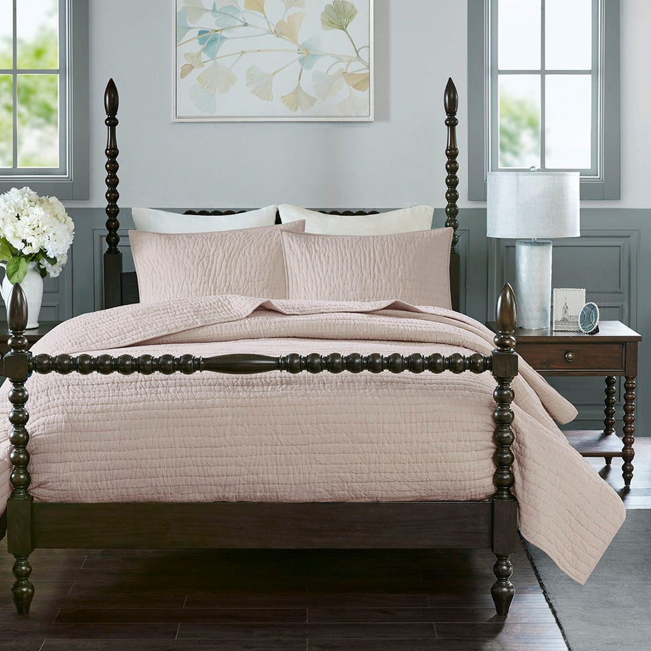 Serene 3 Piece Hand Quilted Cotton Quilt Set - Blush - Full Size / Queen Size