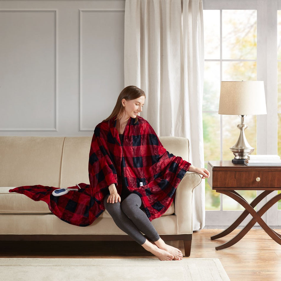 Jacob Oversized Heated Plush Throw - Buffalo Check Red - 60x70"