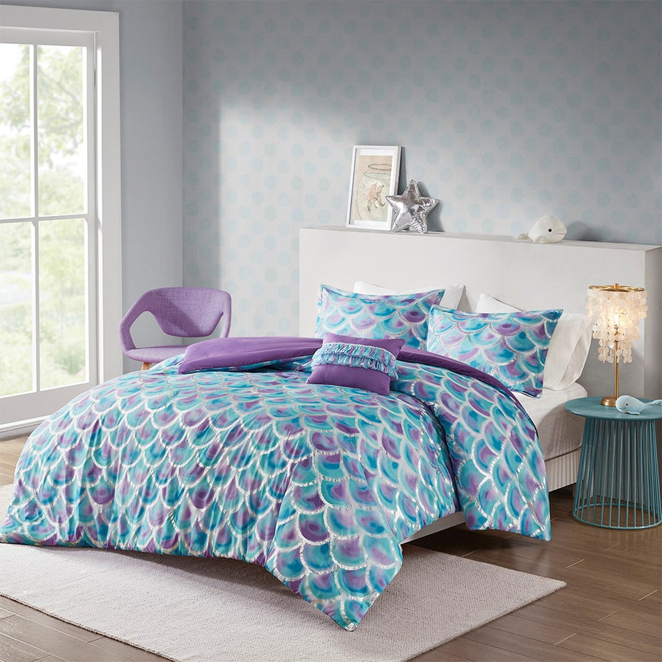 Mi Zone Pearl Metallic Printed Reversible Duvet Cover Set - Teal / Purple - Full Size / Queen Size