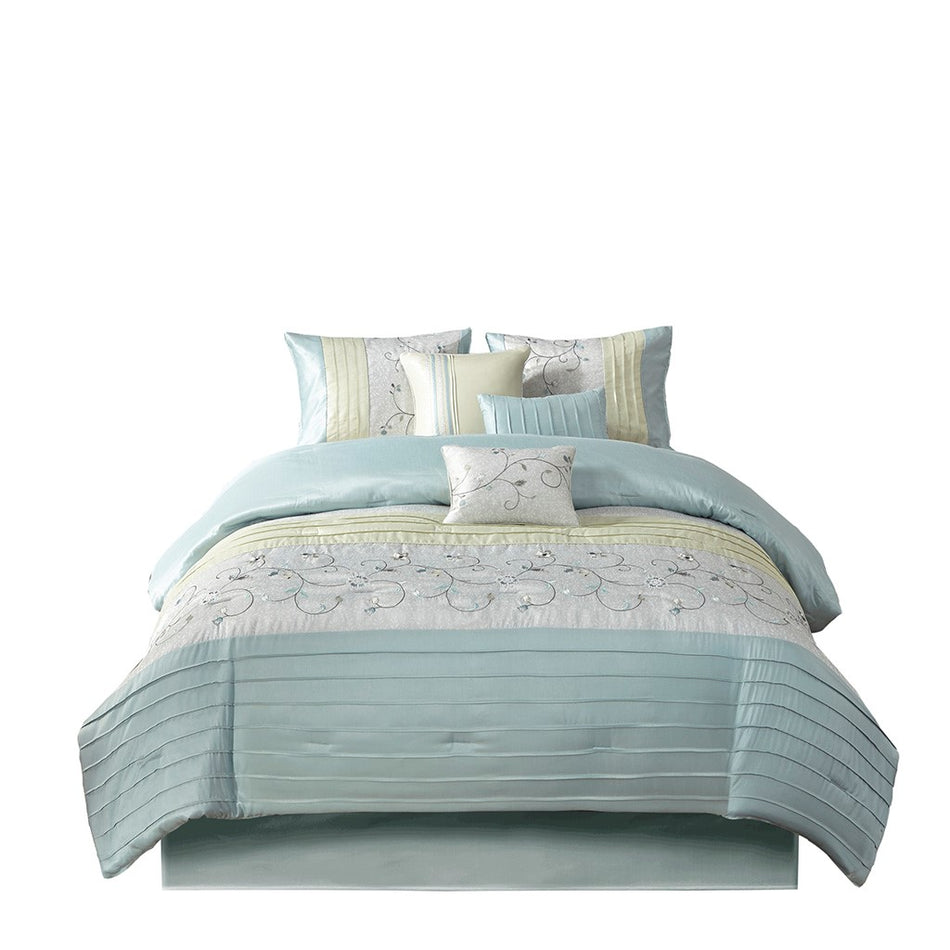 Serene Embroidered 7 Piece Comforter Set - Aqua - Cal King Size